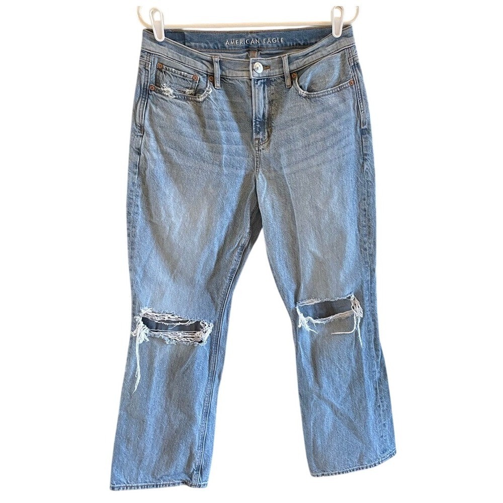 AE 90's bootcut size 10 short high rise destroyed details light wash